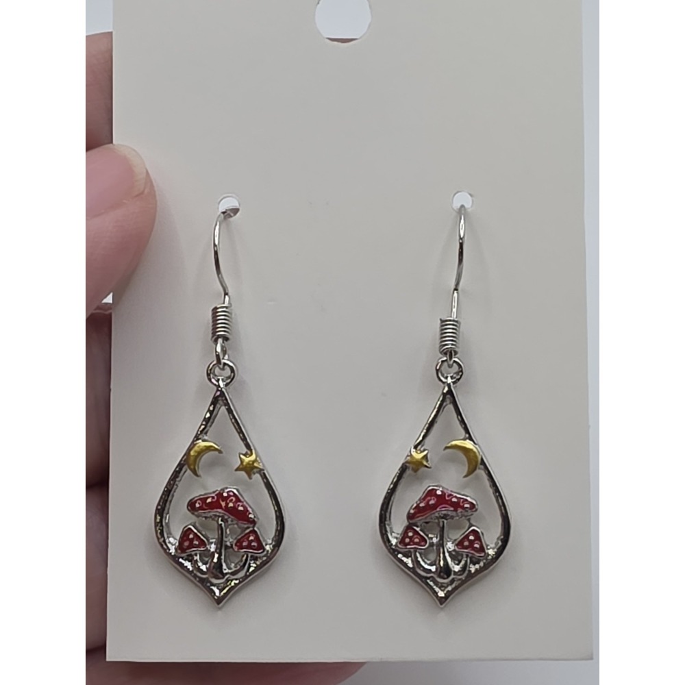 Teardrop W/ Moon,star, 3 Red Topped Mushrooms Dangle Earrings